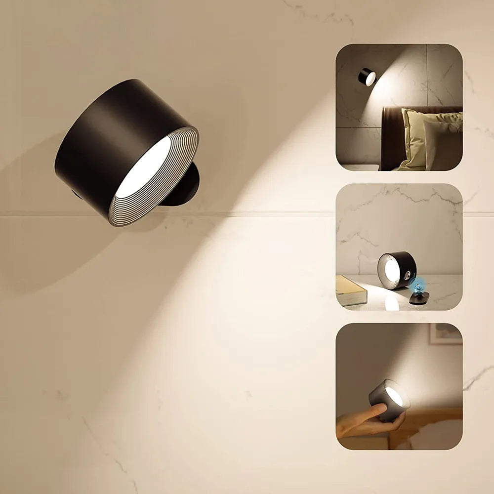 Lampe murale LED sans fil, design moderne minimaliste. Éclairage rotatif 360°, intensité réglable.