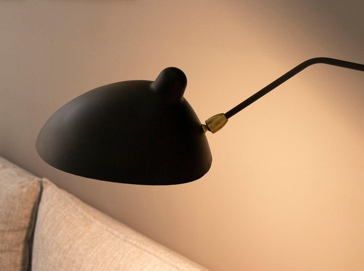 "Lampe murale moderne avec bras orientable, design organique années 50, finition métal noir, idéale pour intérieur épuré."