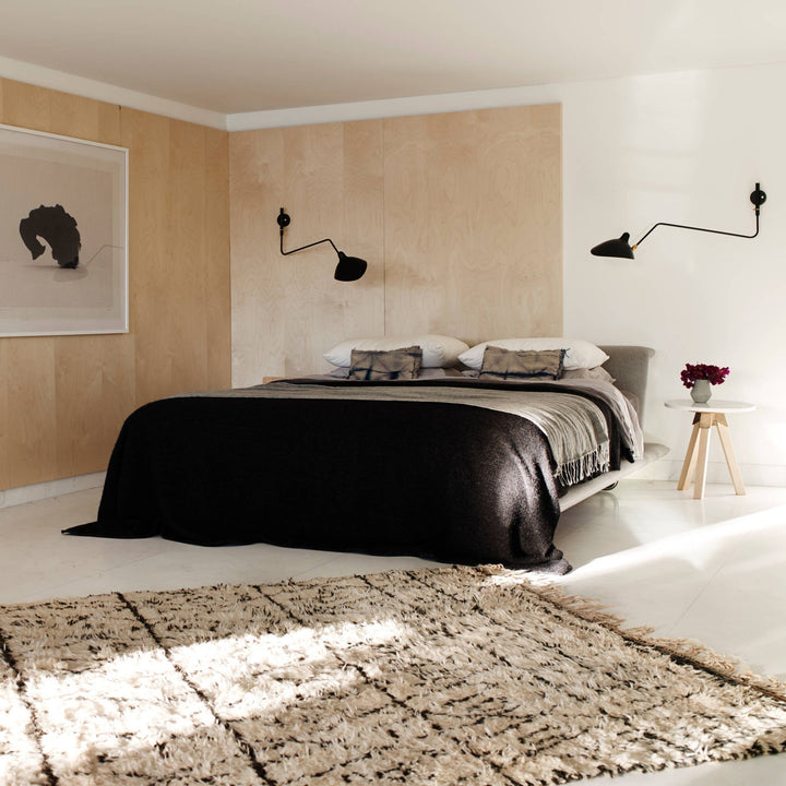 "Lampe murale moderne avec bras orientable, design organique années 50, finition métal noir, idéale pour intérieur épuré."