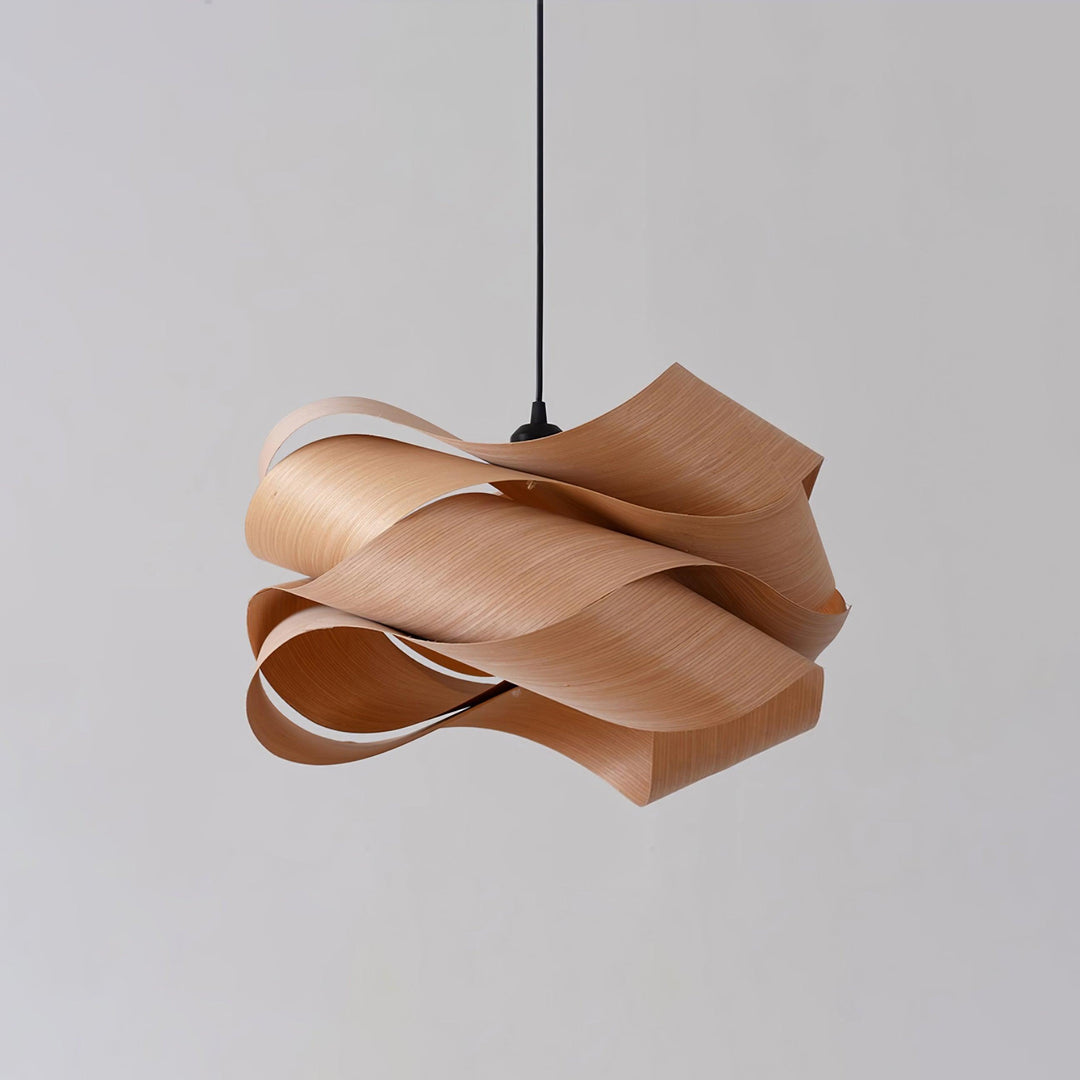 "Lampe pendante bois métal moderne, abat-jour artisanal, lumière douce, design contemporain, déco élégante."