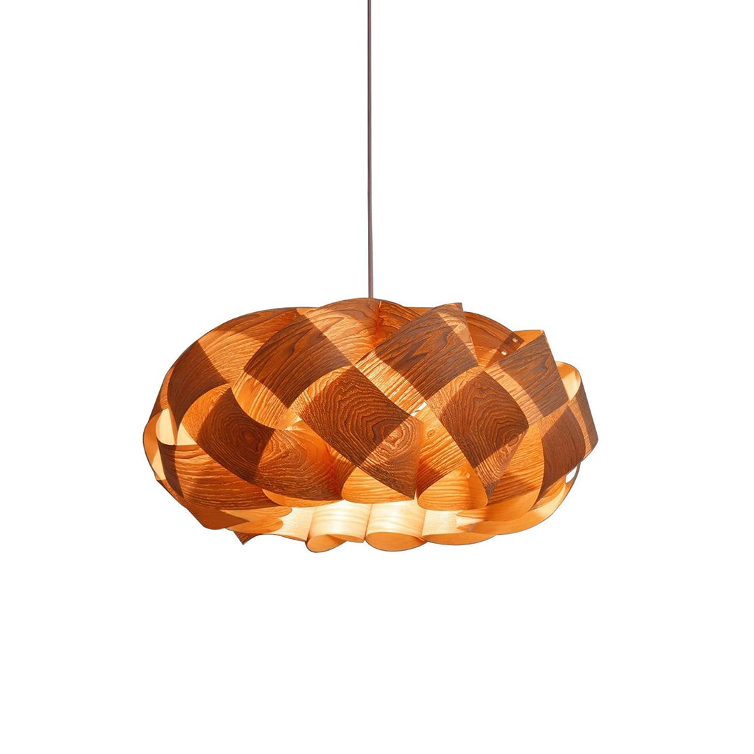 "Lampe pendante bois métal moderne, abat-jour artisanal, lumière douce, design contemporain, déco élégante."