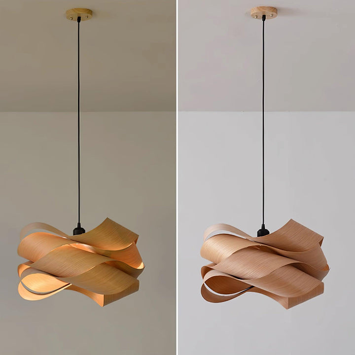 "Lampe pendante bois métal moderne, abat-jour artisanal, lumière douce, design contemporain, déco élégante."