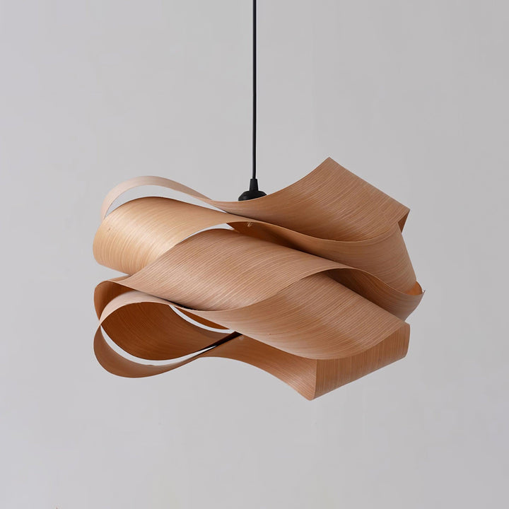 "Lampe pendante bois métal moderne, abat-jour artisanal, lumière douce, design contemporain, déco élégante."