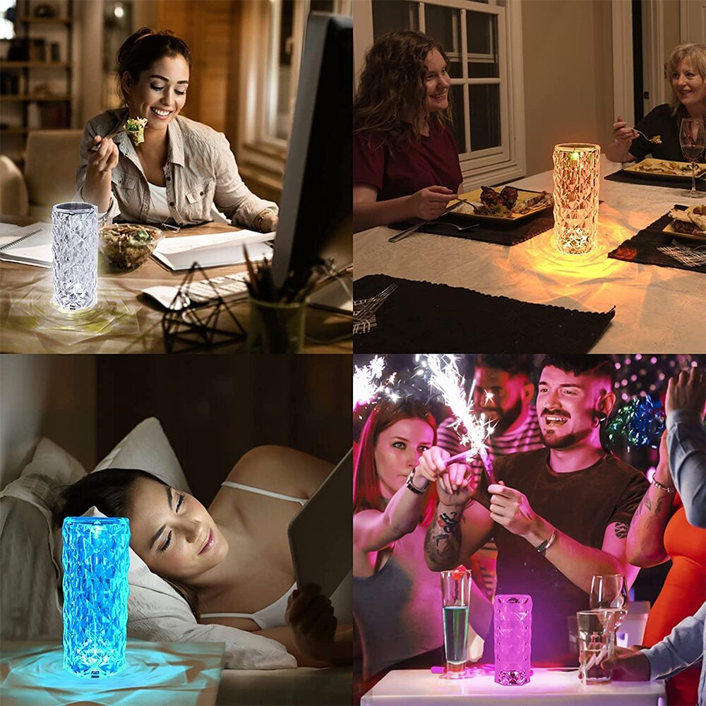 Lampe projecteur rose cristal tactile. 3 ou 16 couleurs.  Eclairage doux, ambiance féerique.