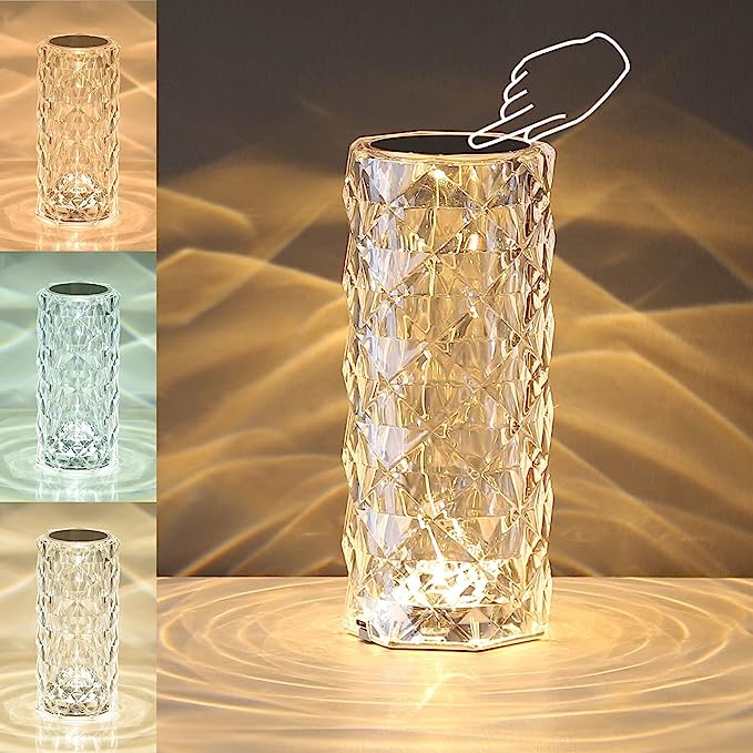 Lampe projecteur rose cristal tactile. 3 ou 16 couleurs.  Eclairage doux, ambiance féerique.