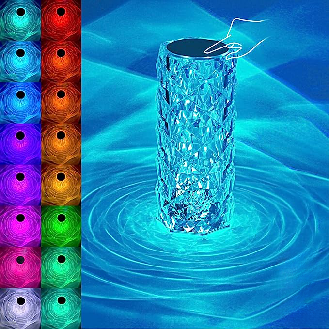 Lampe projecteur rose cristal tactile. 3 ou 16 couleurs.  Eclairage doux, ambiance féerique.