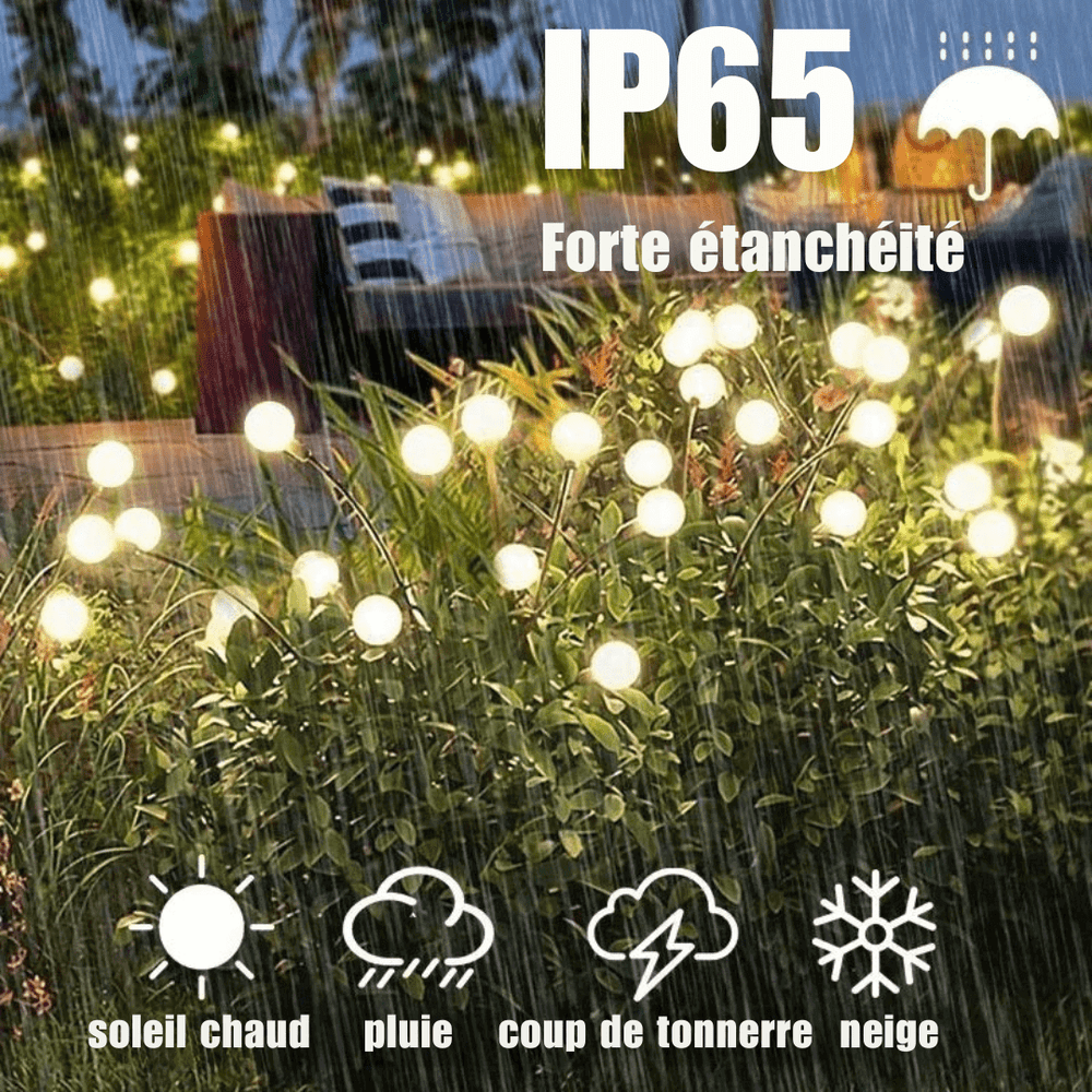 "Lampe solaire extérieure effet luciole, design écologique, lumière douce et chaleureuse, idéale pour jardins et terrasses."