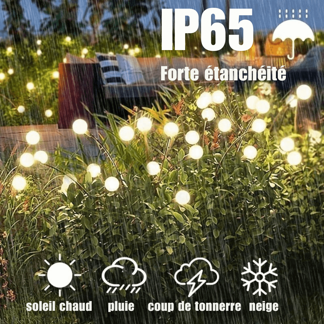 "Lampe solaire extérieure effet luciole, design écologique, lumière douce et chaleureuse, idéale pour jardins et terrasses."