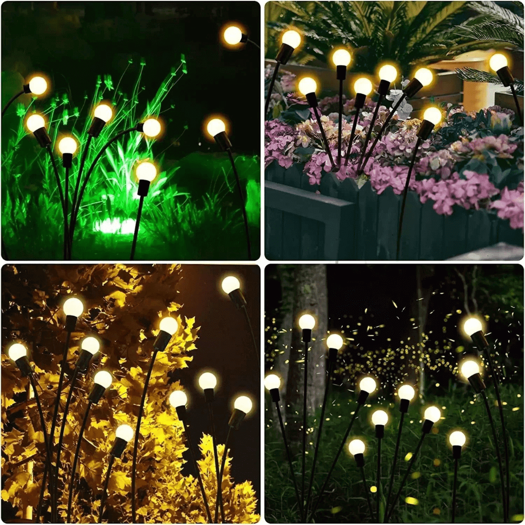 "Lampe solaire extérieure effet luciole, design écologique, lumière douce et chaleureuse, idéale pour jardins et terrasses."