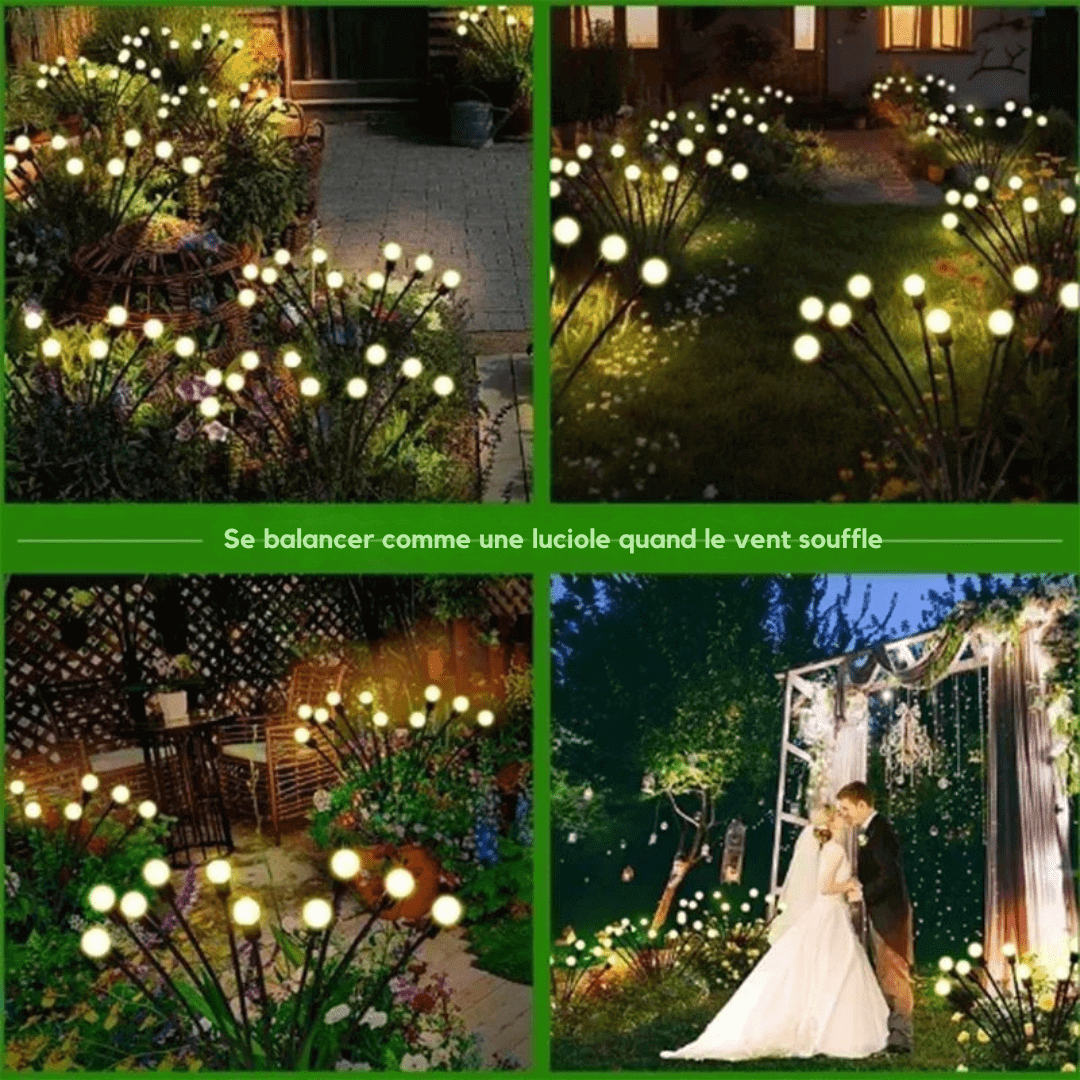 "Lampe solaire extérieure effet luciole, design écologique, lumière douce et chaleureuse, idéale pour jardins et terrasses."