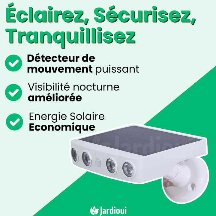 Lampe solaire extérieure puissante, détecteur de mouvement intégré. Éclairage LED performant, design moderne. Installation fa