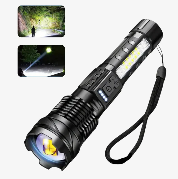Lampe torche 5000 lumens, étanche et rechargeable.  Faisceau puissant, idéale pour le camping et la randonnée.