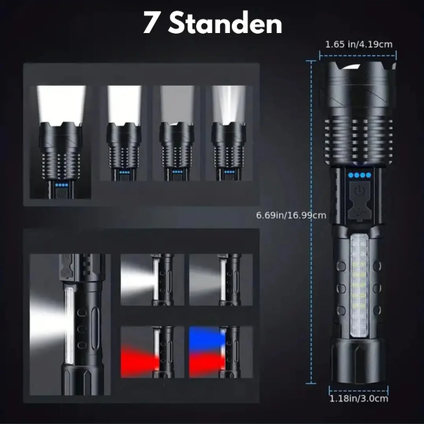 Lampe torche 5000 lumens, étanche et rechargeable.  Faisceau puissant, idéale pour le camping et la randonnée.