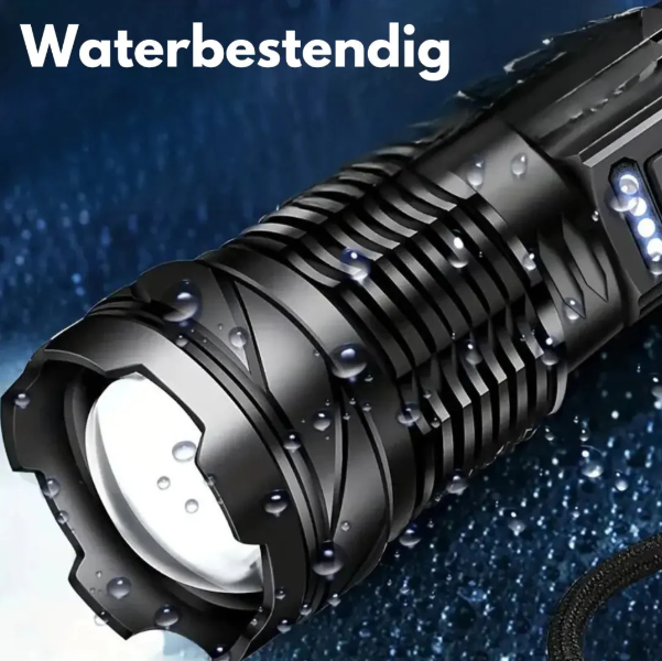 Lampe torche 5000 lumens, étanche et rechargeable.  Faisceau puissant, idéale pour le camping et la randonnée.