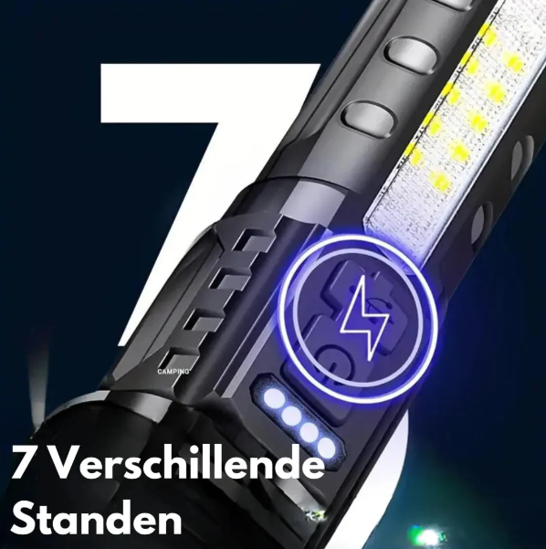 Lampe torche 5000 lumens, étanche et rechargeable.  Faisceau puissant, idéale pour le camping et la randonnée.