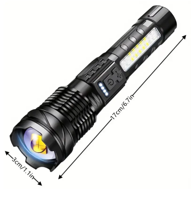 Lampe torche 5000 lumens, étanche et rechargeable.  Faisceau puissant, idéale pour le camping et la randonnée.