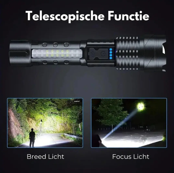 Lampe torche 5000 lumens, étanche et rechargeable.  Faisceau puissant, idéale pour le camping et la randonnée.