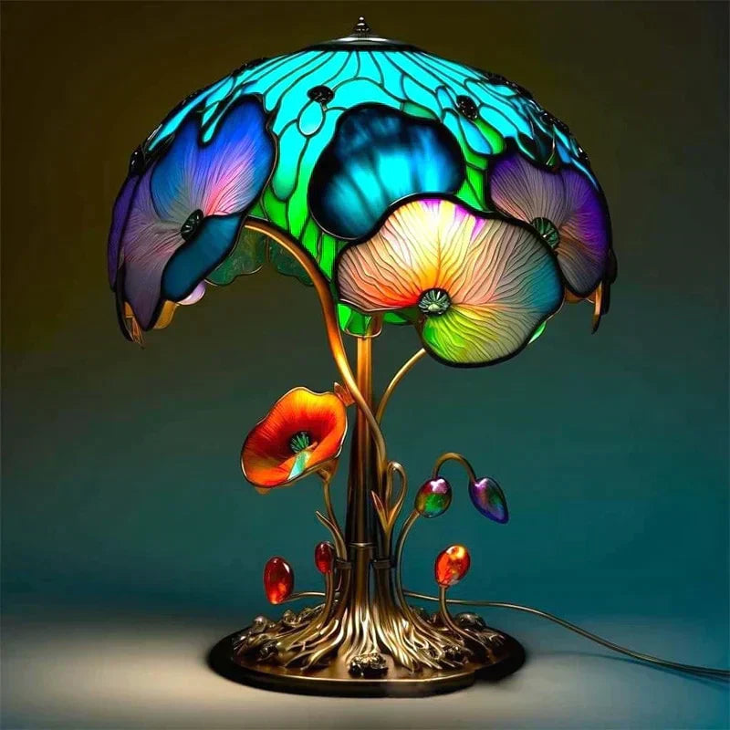 Lampe vitrail décorative, lumière douce et apaisante. Design artistique, ambiance chaleureuse.