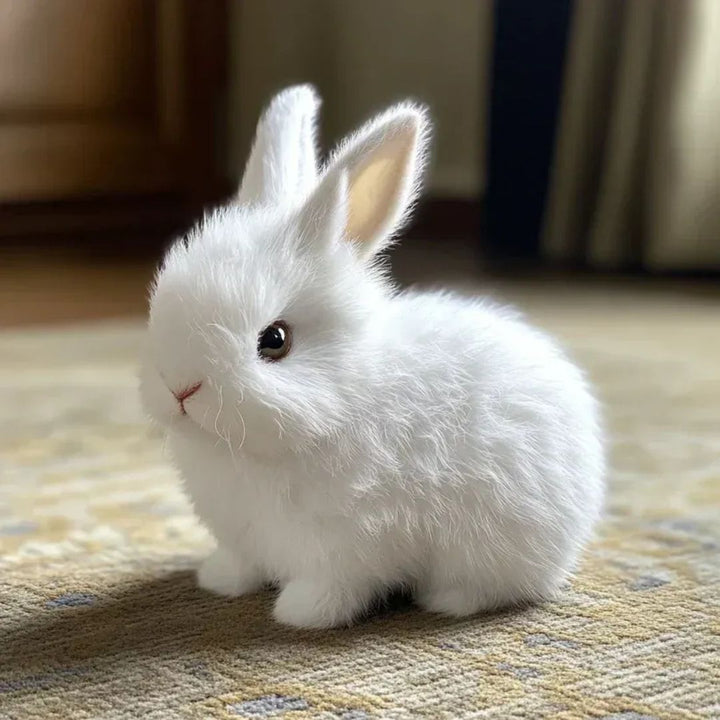 Décoration et jouet: lapin interactif en peluche, réaliste pour chambre d'enfant.