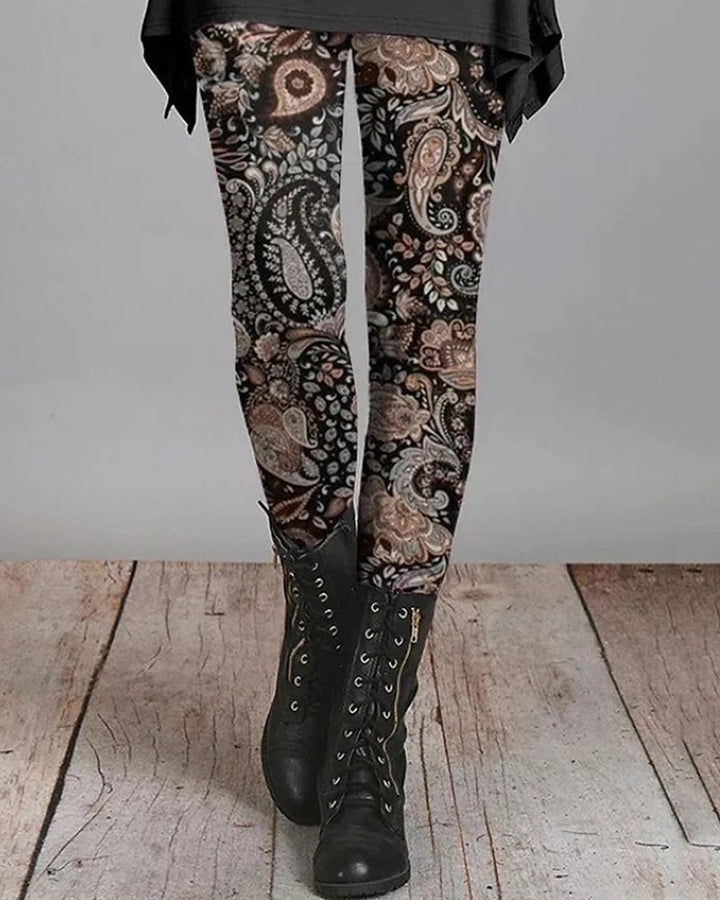 Leggings confortables femme, style bohème-vintage, motif ethnique unique. Idéal pour un look casual élégant.
