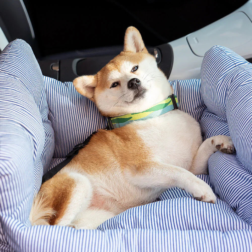 Lit voiture chien confortable et sécurisé.  Attaches ceinture. Rembourrage doux. Voyage en toute sécurité.