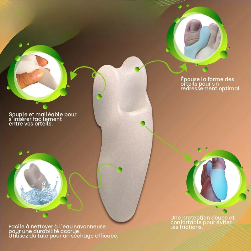 Séparateurs d'orteils en silicone anti-frottement, idéaux pour le bien-être podologique en chaussures ou pieds nus.