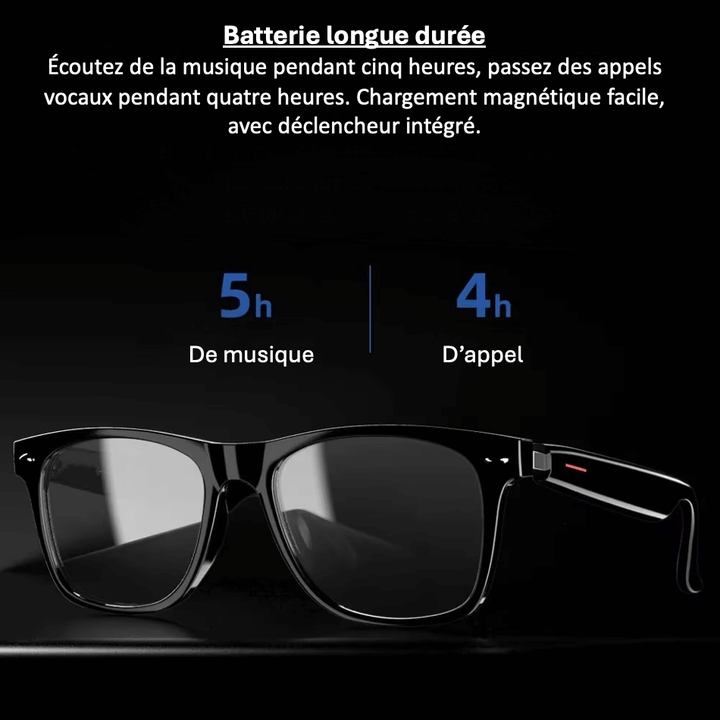 "Lunettes de soleil intelligentes avec caméra intégrée et Bluetooth, design moderne pour femmes, vue de face."