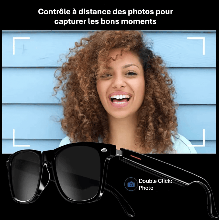 "Lunettes de soleil intelligentes avec caméra intégrée et Bluetooth, design moderne pour femmes, vue de face."