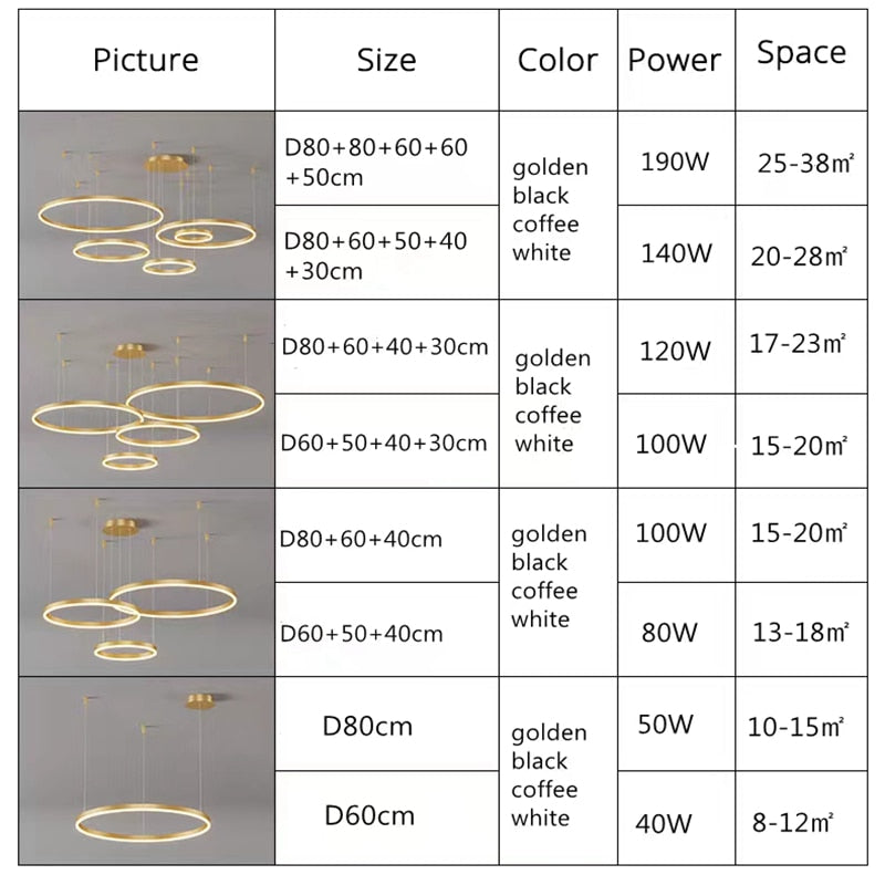 Lustre LED rond, design moderne.  Anneaux lumineux, éclairage doux & homogène pour salon ou salle à manger.