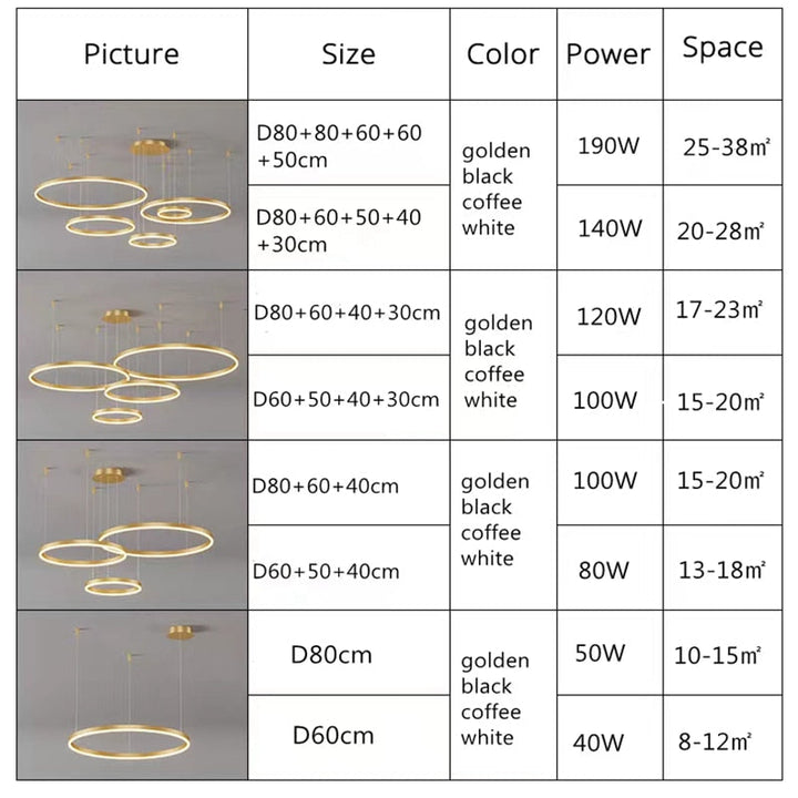 Lustre LED rond, design moderne.  Anneaux lumineux, éclairage doux & homogène pour salon ou salle à manger.