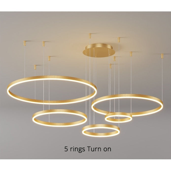 Lustre LED rond, design moderne.  Anneaux lumineux, éclairage doux & homogène pour salon ou salle à manger.