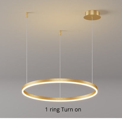 Lustre LED rond, design moderne.  Anneaux lumineux, éclairage doux & homogène pour salon ou salle à manger.