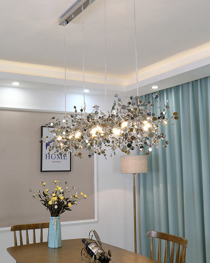 Lustre suspendu moderne, design nuage métallique argent/or. Luminaire élégant et aérien.
