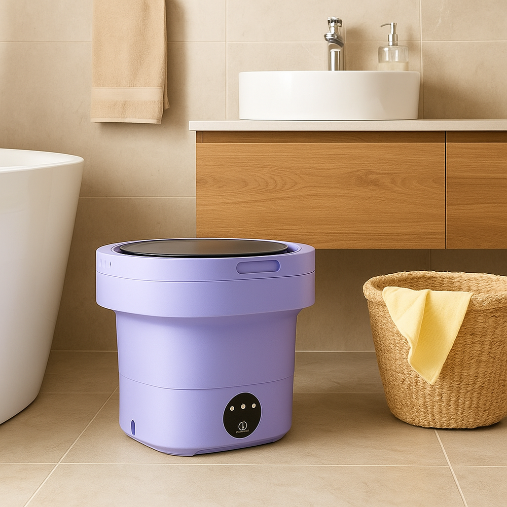 "Machine à laver pliante compacte, idéale pour petits espaces et voyages, design moderne, 17L, facile à utiliser."