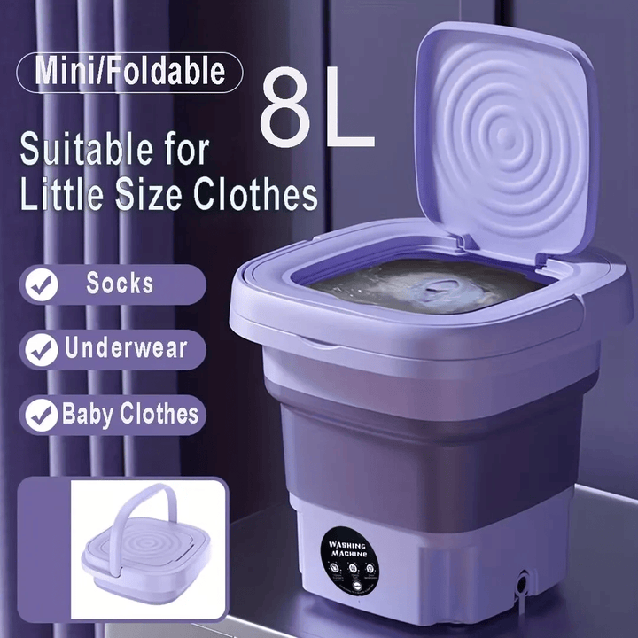 Machine à laver portable pliable. Lavage efficace et compact, idéal pour petits espaces. Gain de place garanti.