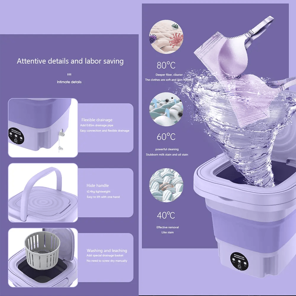 Machine à laver portable pliable. Lavage efficace et compact, idéal pour petits espaces. Gain de place garanti.