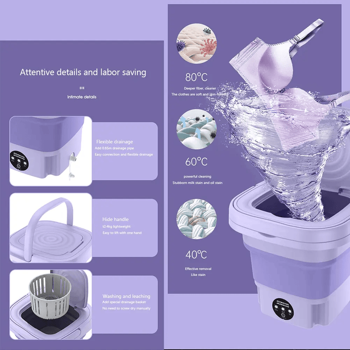 Machine à laver portable pliable. Lavage efficace et compact, idéal pour petits espaces. Gain de place garanti.