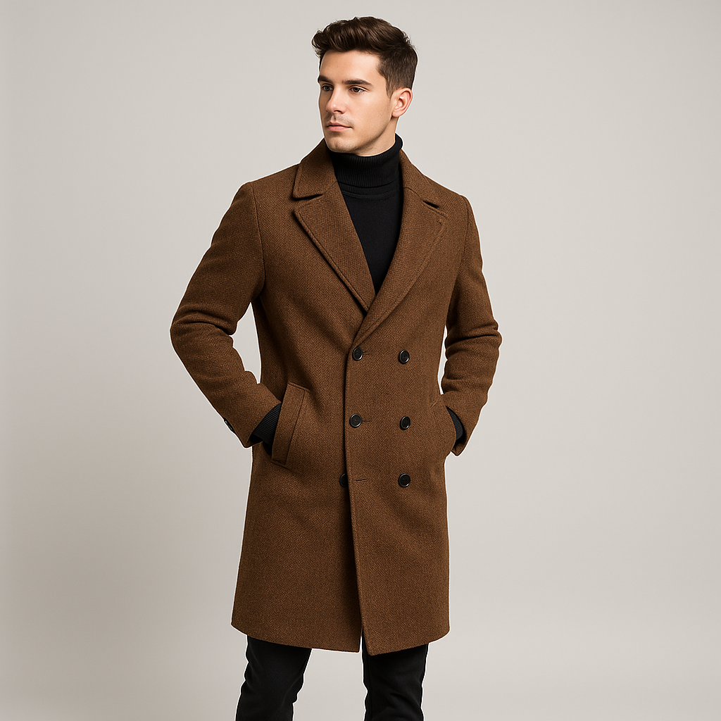 Détail du manteau homme croisé, montrant les boutons élégants et le tissu de qualité. Style moderne et raffiné hivernal.