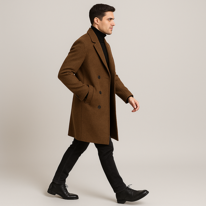 Homme portant un manteau classique croisé, allure élégante. Idéal pour un look tendance et chic en automne-hiver.
