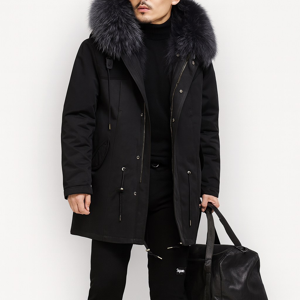 Homme stylé marchant en ville avec ce manteau d'hiver élégant et chaud, idéal pour la mode urbaine.