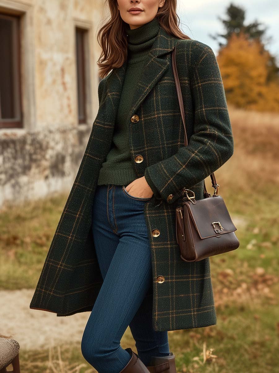 Manteau d'hiver long à carreaux pour femme, élégant et boutonné. Parfait pour la mode hivernale chic et chaude.