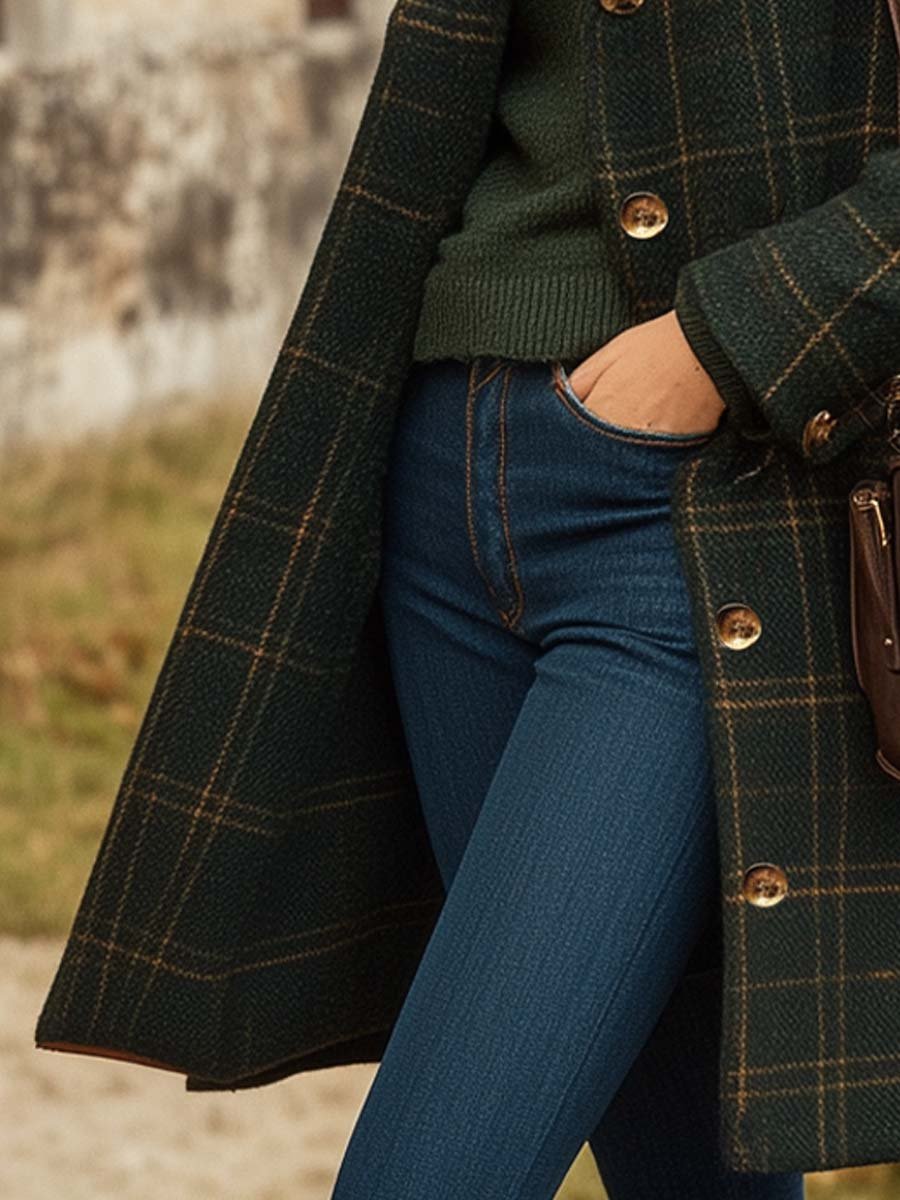 Manteau long à carreaux pour femme, avec boutons élégants. Manteau d'hiver chic qui combine mode et confort.