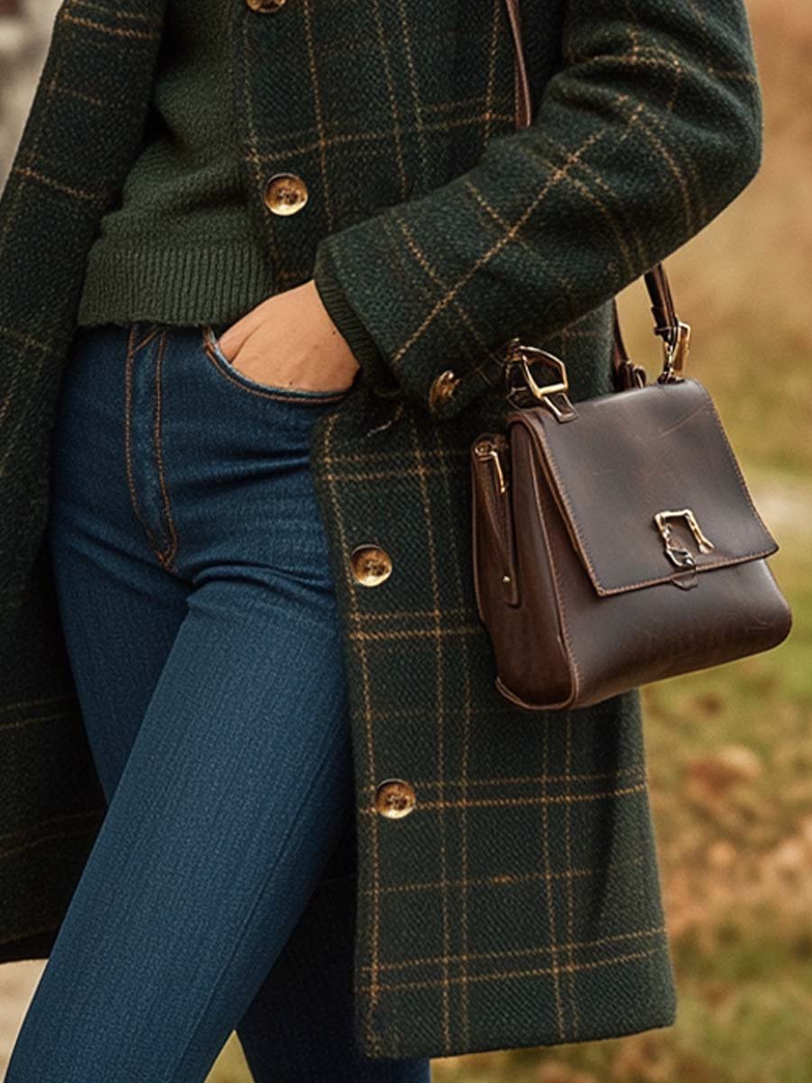 Manteau d'hiver long à carreaux pour femme, style féminin et élégance boutonnée. Vêtement d'extérieur tendance.