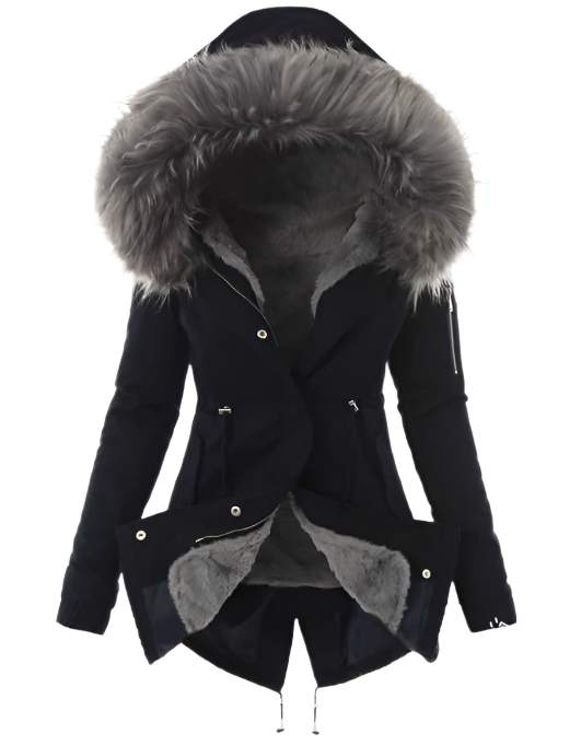 Manteau d'hiver noir élégant pour femme, long et chaud, parfait pour la mode hivernale urbaine. Confort et style.