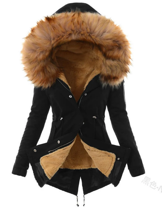 Veste longue d'hiver marron pour femme, chaude et sophistiquée. Idéale pour un habillement hivernal chic et moderne.