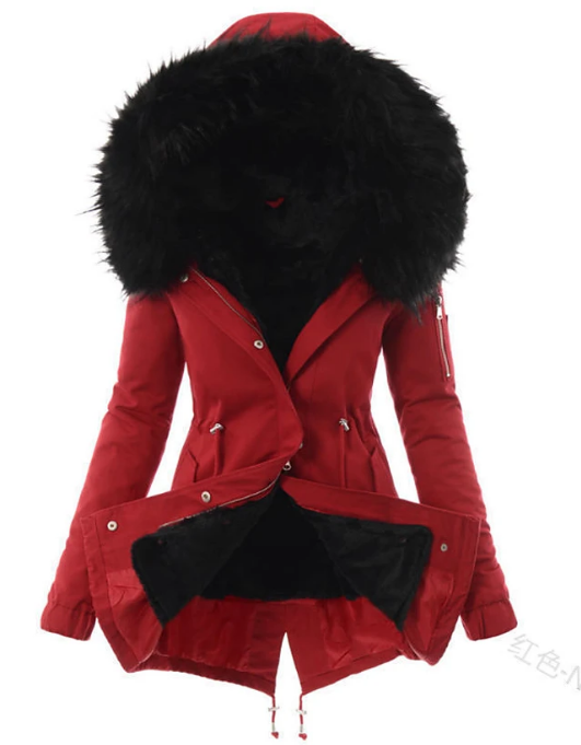 Manteau d'hiver rouge pour femme, très chaud et stylé. Offre confort et élégance pour un look hivernal urbain.