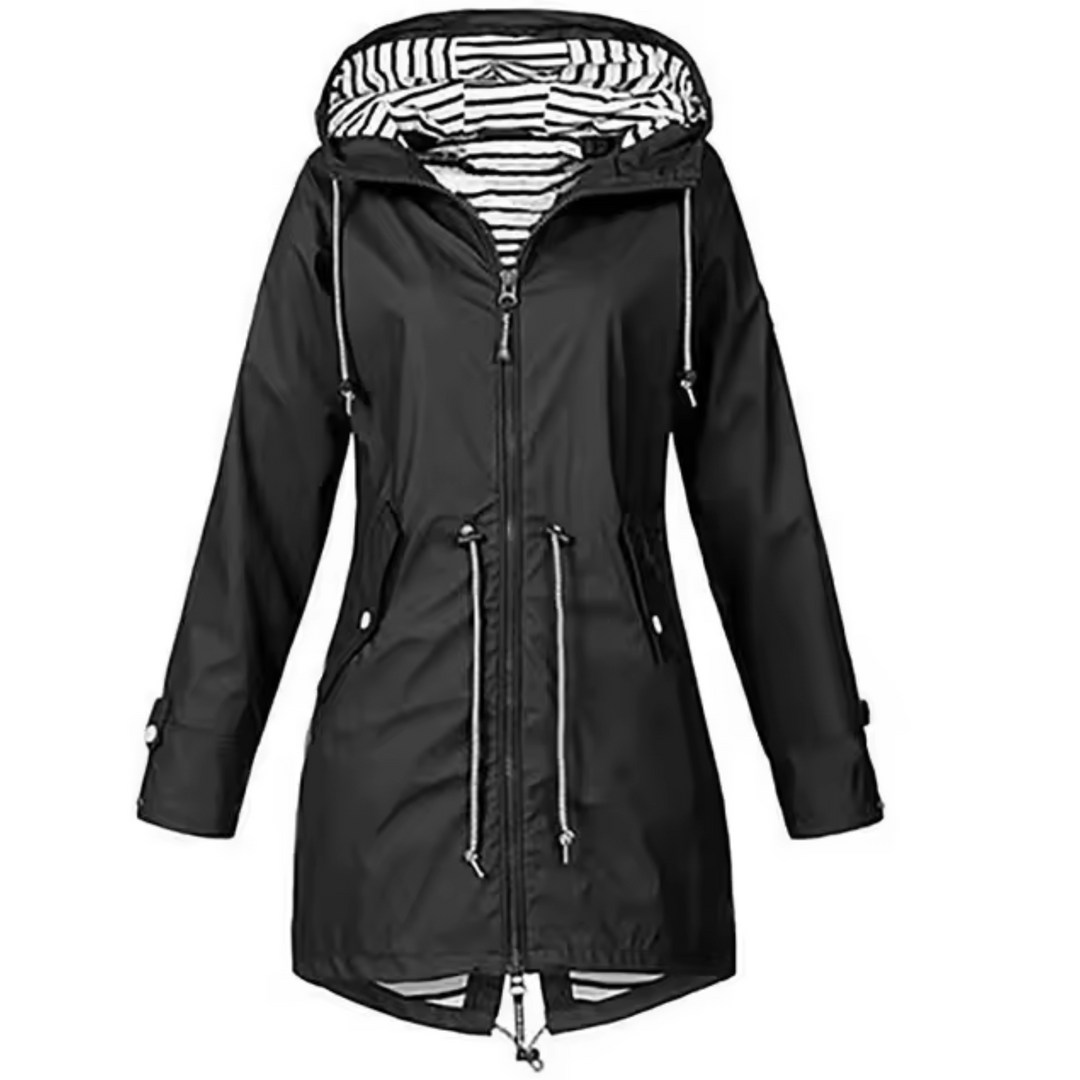 "Manteau Daria bleu, imperméable avec capuche, design élégant pour femmes, parfait pour jours de pluie"