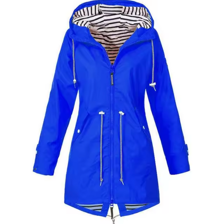 "Manteau Daria bleu, imperméable avec capuche, design élégant pour femmes, parfait pour jours de pluie"