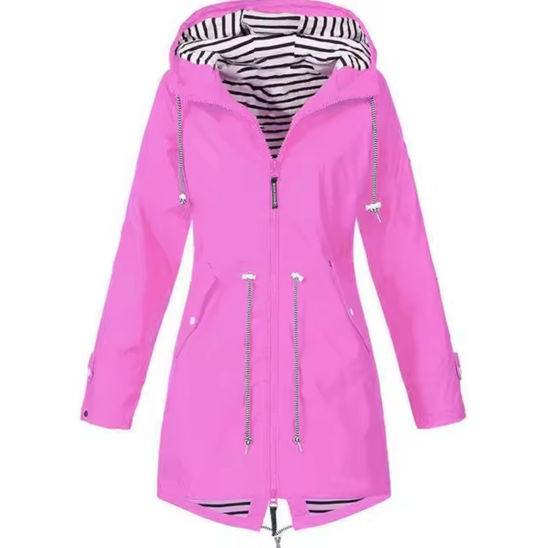 "Manteau Daria bleu, imperméable avec capuche, design élégant pour femmes, parfait pour jours de pluie"