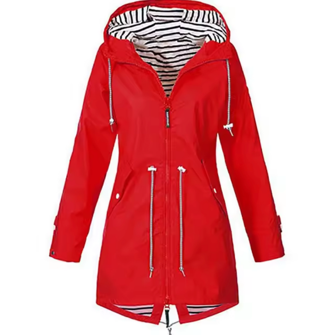 "Manteau Daria bleu, imperméable avec capuche, design élégant pour femmes, parfait pour jours de pluie"